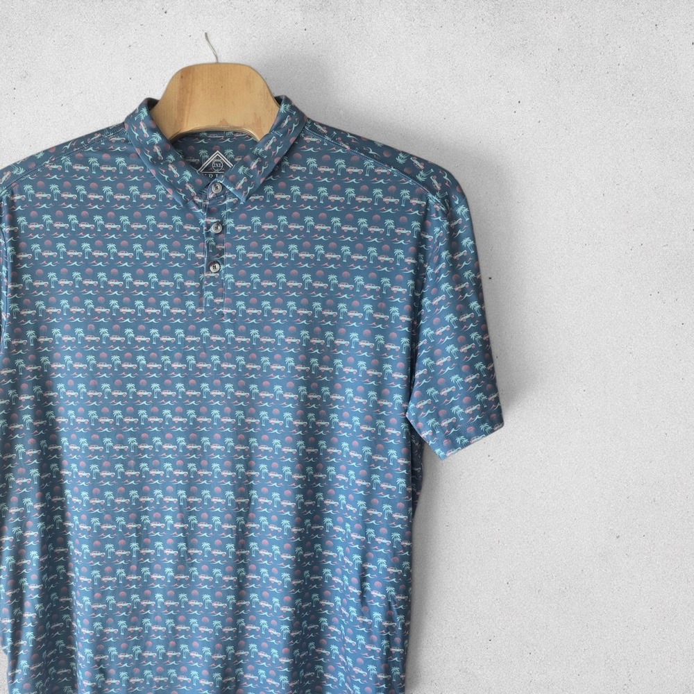 Burlebo Mens 2XL Performance Polo Shirt Blue Tropical Palm Tree SUV Print NWT